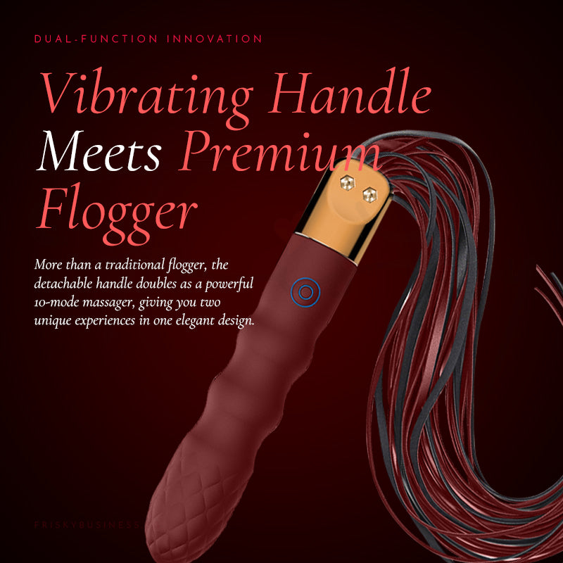 Vibrating handle flogger with text on a dark background