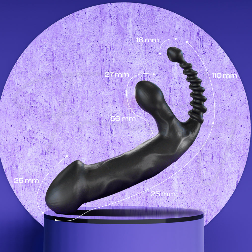 Curved black massager shown from side angle emphasizing flexible shape and contours