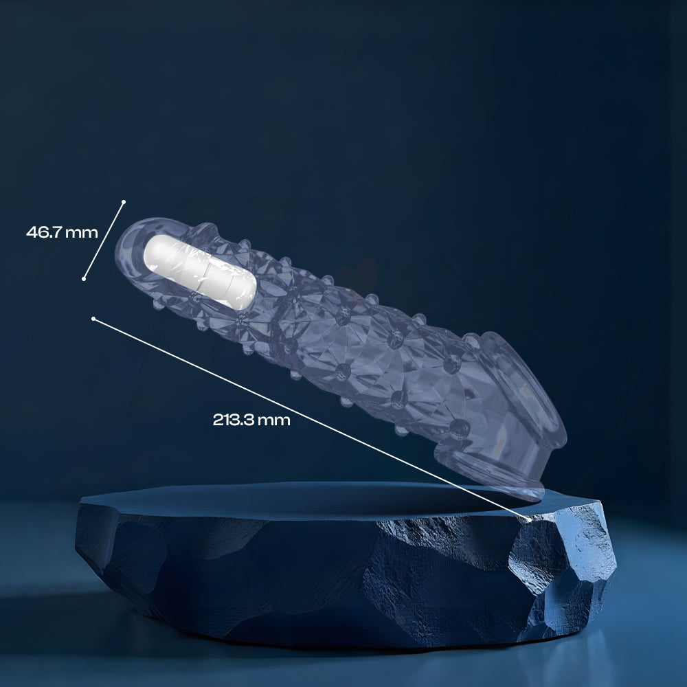 Side view of clear textured extender sleeve placed on dark reflective surface