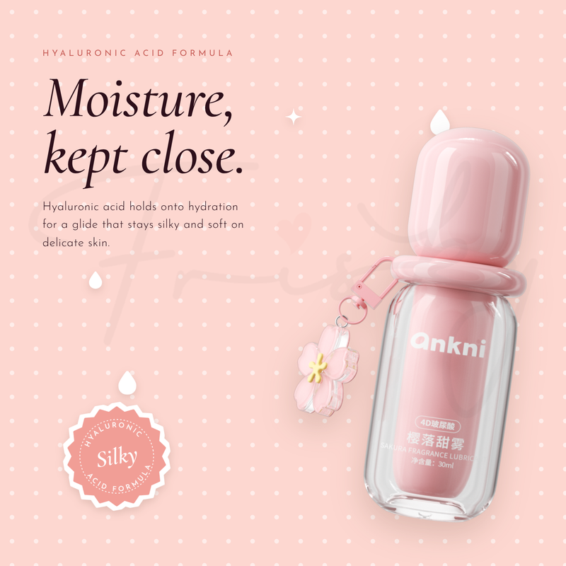Moisture, kept close graphic with the pink lubricant bottle and a small badge on pink