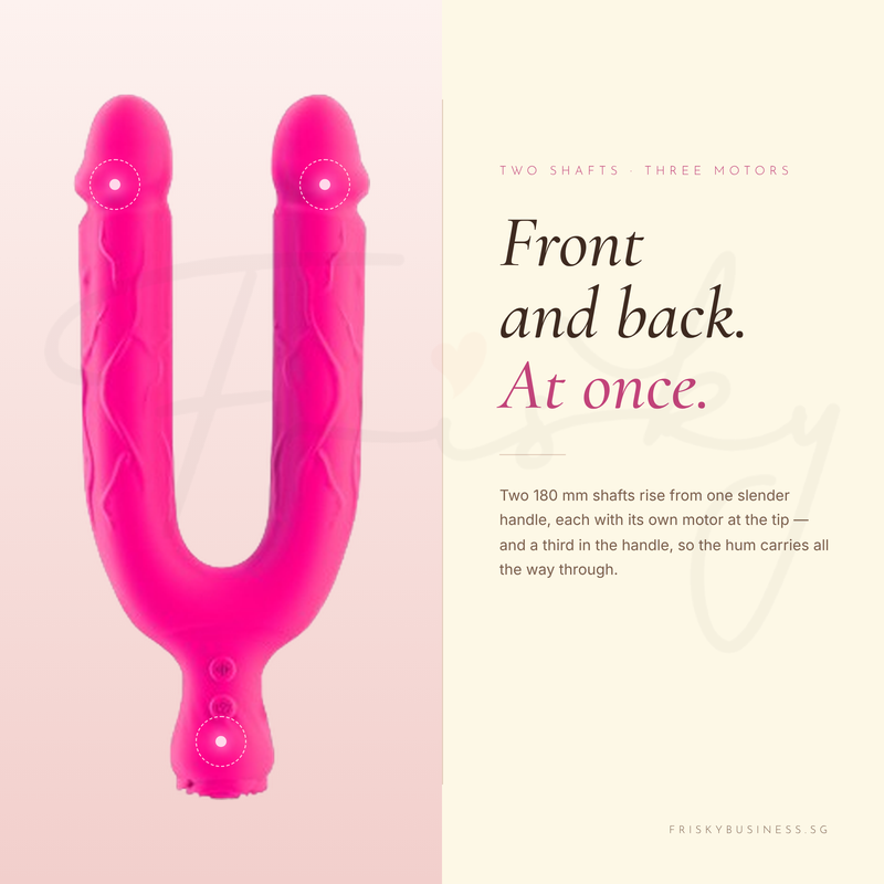 Pink double-ended vibrator beside text on a cream and pink background