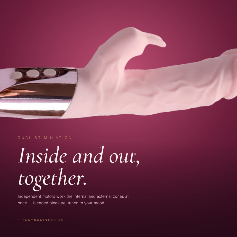 A pink silicone rabbit vibrator, dual-stimulation sex toy. The image has a dark magenta background with white text reading 'Inside and out, together.