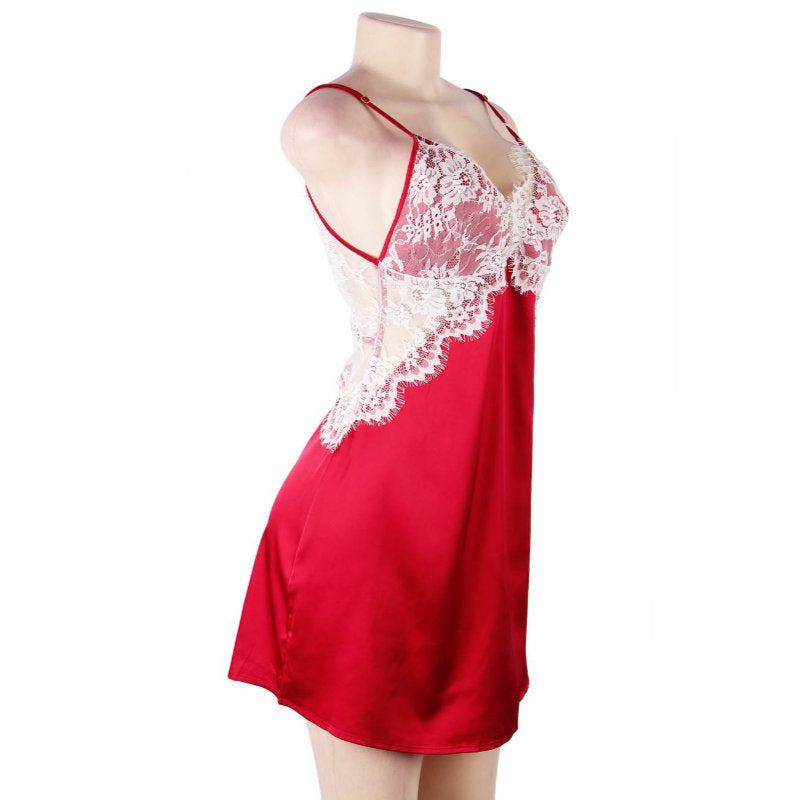 Babydoll - 1 Pc Sexy Satin Lace Stitching Open Back Sleepwear