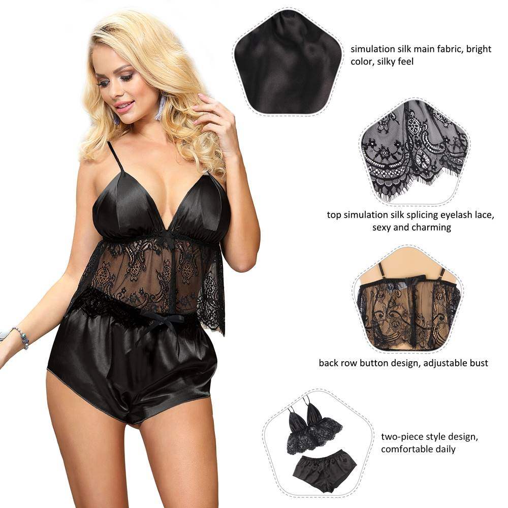 Cami Set - 2 Pcs Eyelash Silk Lace Camisole Sleepwear - Frisky Business Adult Sex Toys Shop