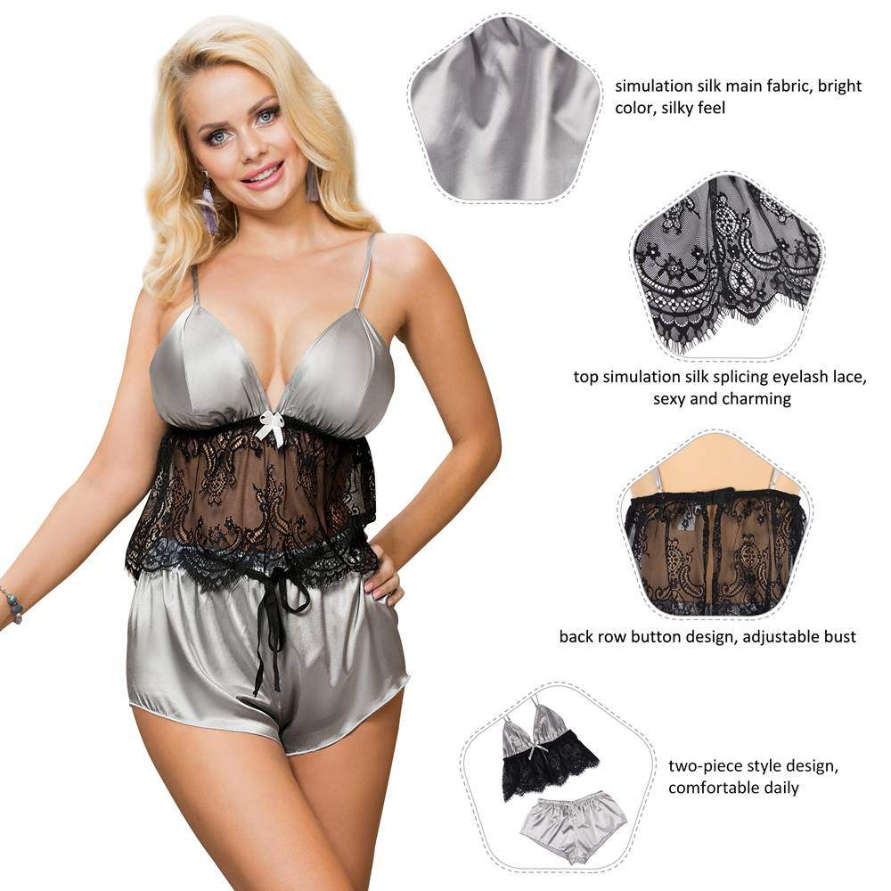 Cami Set - 2 Pcs Eyelash Silk Lace Camisole Sleepwear - Frisky Business Adult Sex Toys Shop