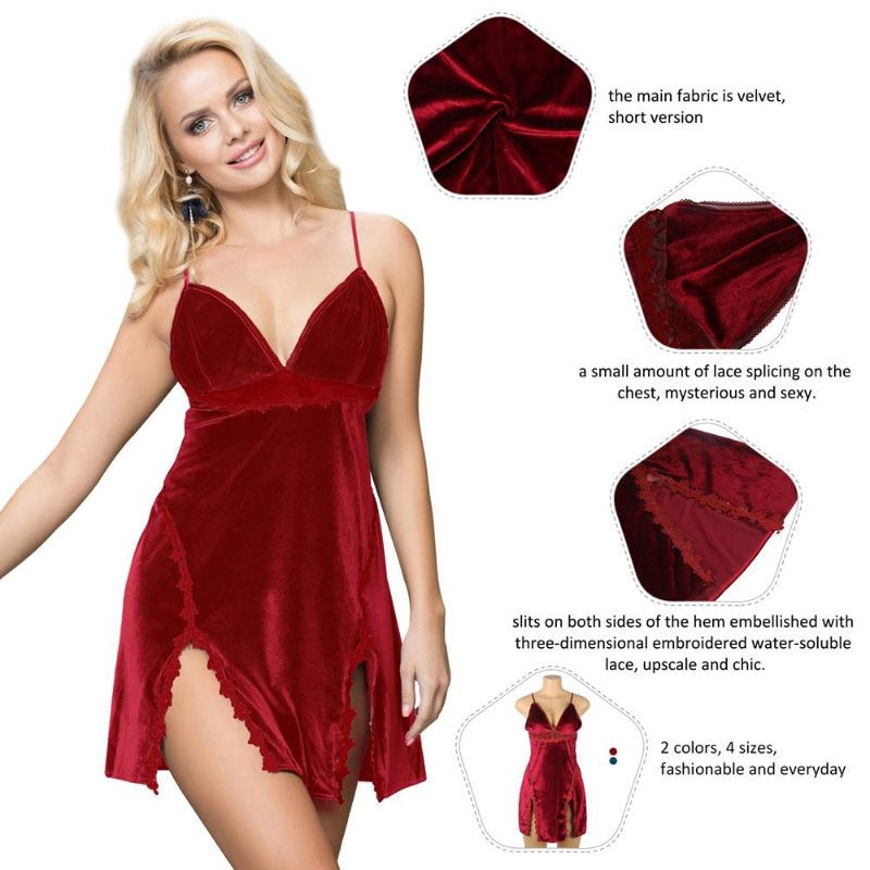 Babydoll - 2 Pcs Velour Embroidery Sleepwear With G String