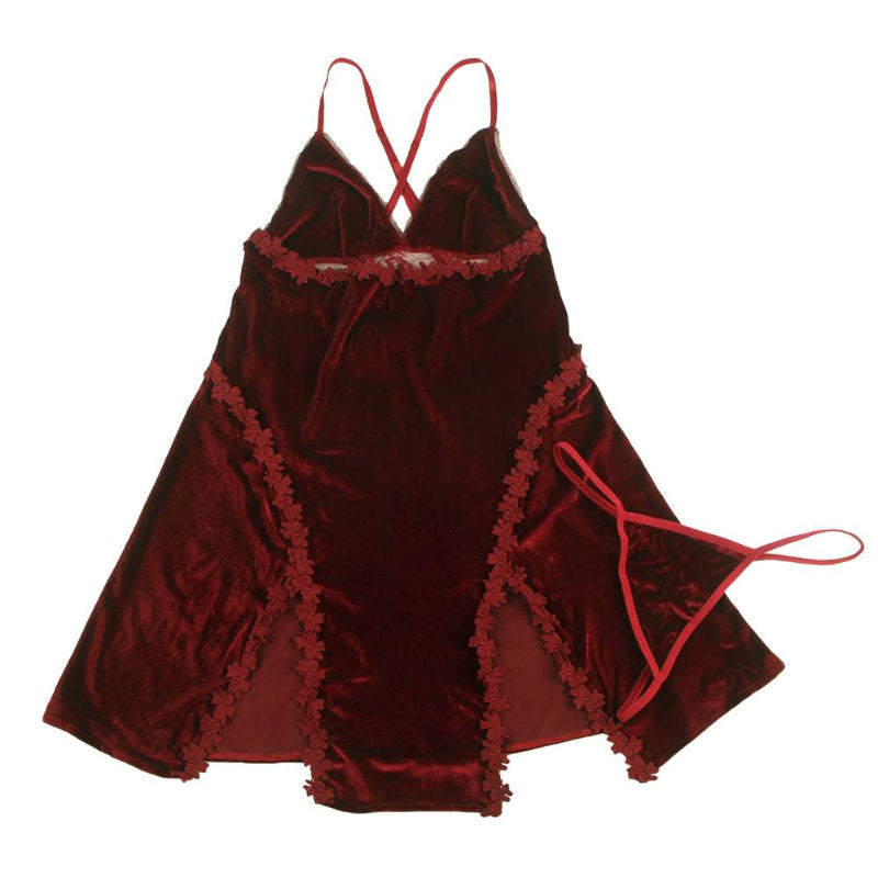 Babydoll - 2 Pcs Velour Embroidery Sleepwear With G String