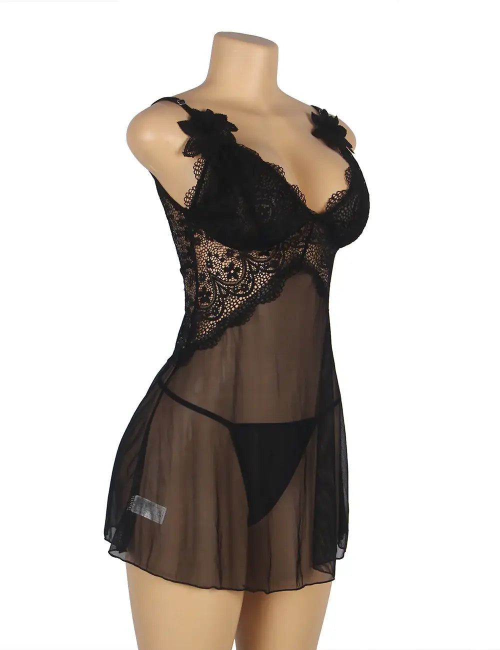 Babydoll - 2 Pcs V Neck Lace Stitching Strap with Flower Sleepwear - Frisky Business Adult Sex Toys Shop