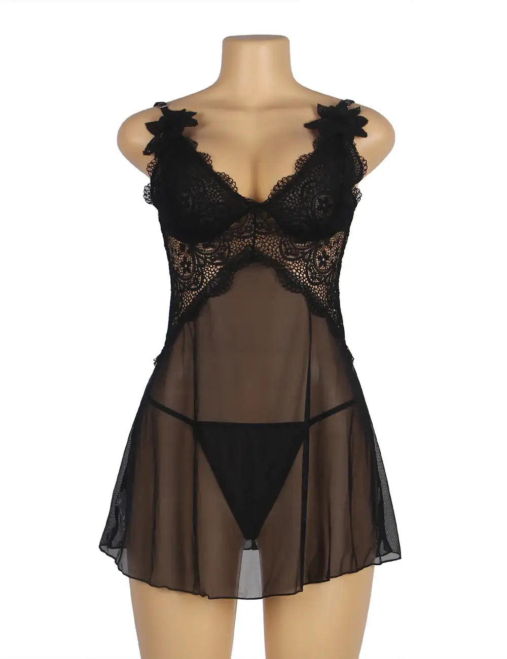 Babydoll - 2 Pcs V Neck Lace Stitching Strap with Flower Sleepwear - Frisky Business Adult Sex Toys Shop