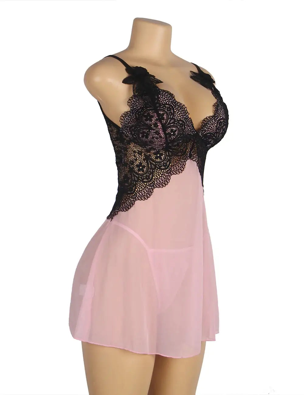 Babydoll - 2 Pcs V Neck Lace Stitching Strap with Flower Sleepwear - Frisky Business Adult Sex Toys Shop