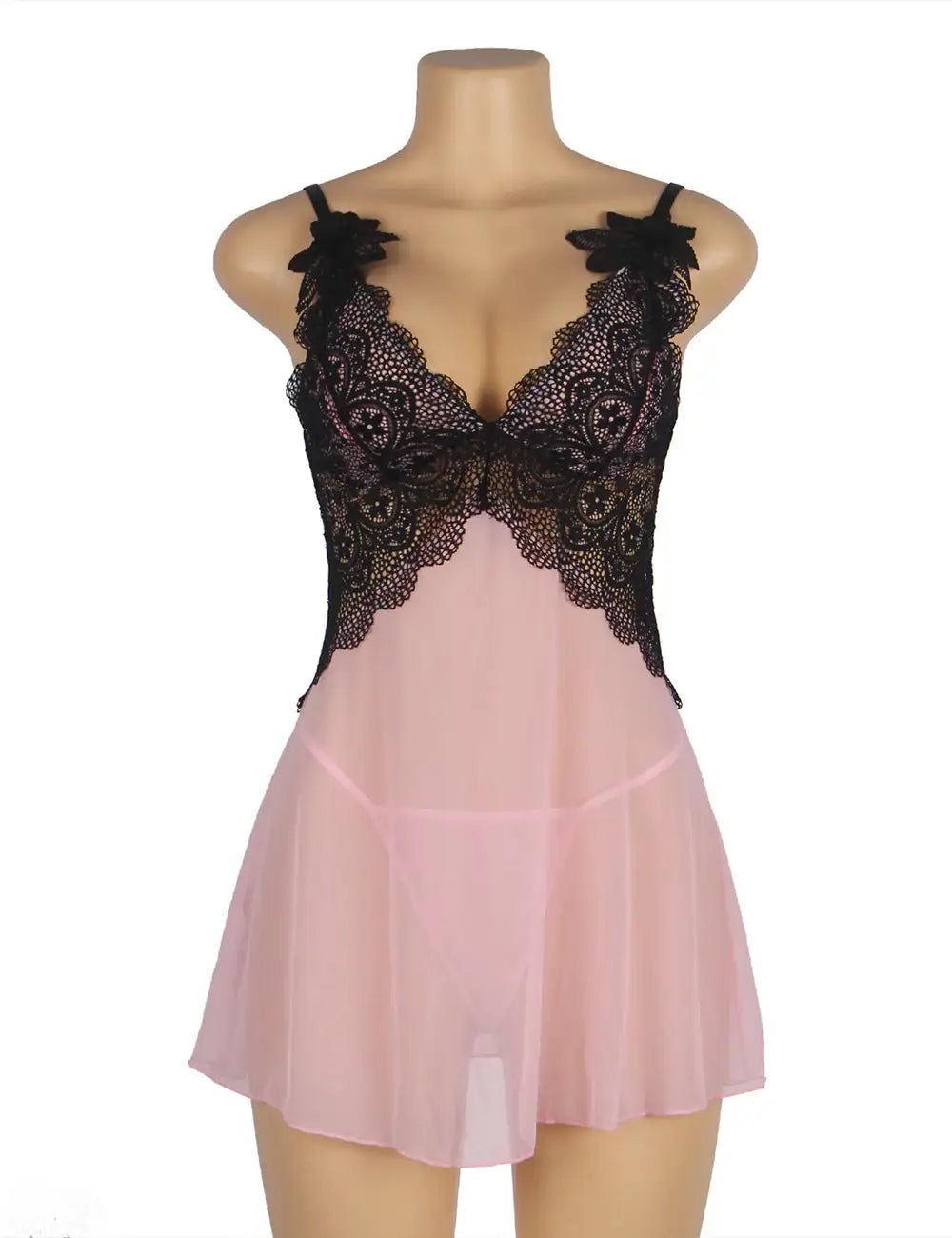 Babydoll - 2 Pcs V Neck Lace Stitching Strap with Flower Sleepwear - Frisky Business Adult Sex Toys Shop