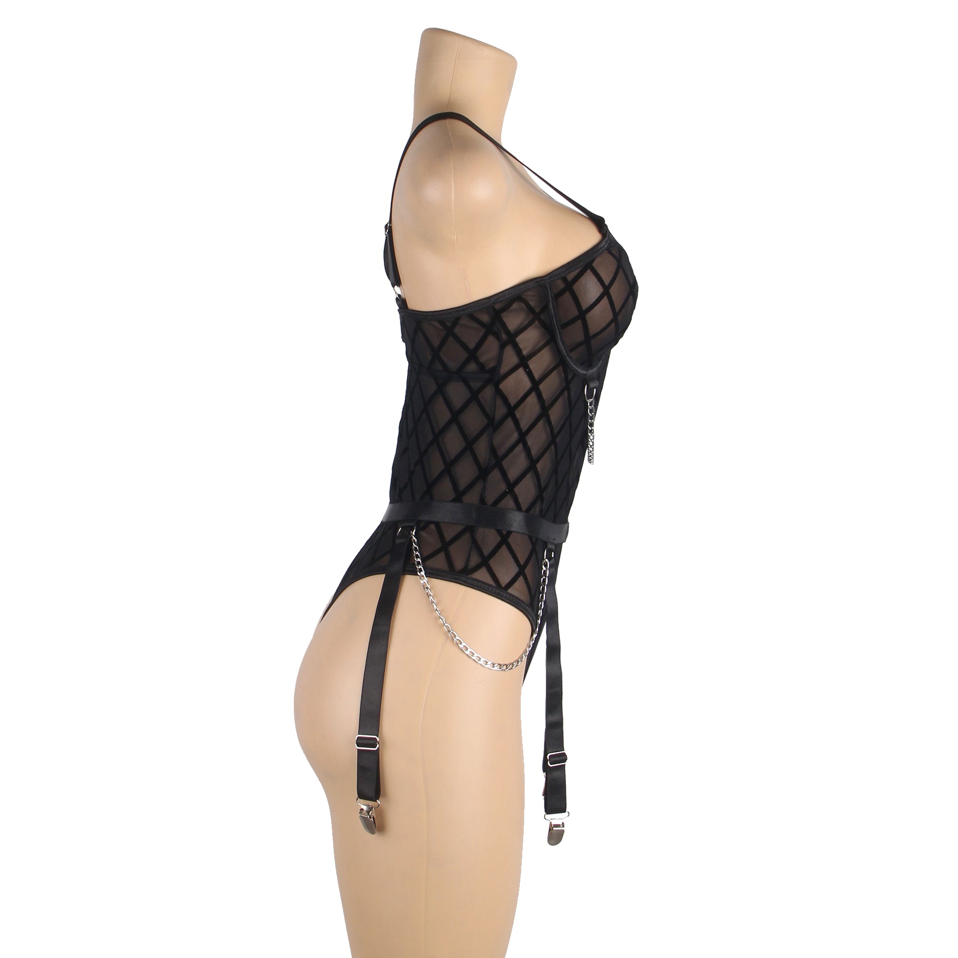 Bodysuit - 2 Pcs Mesh Chain Lingerie with Garter Belt