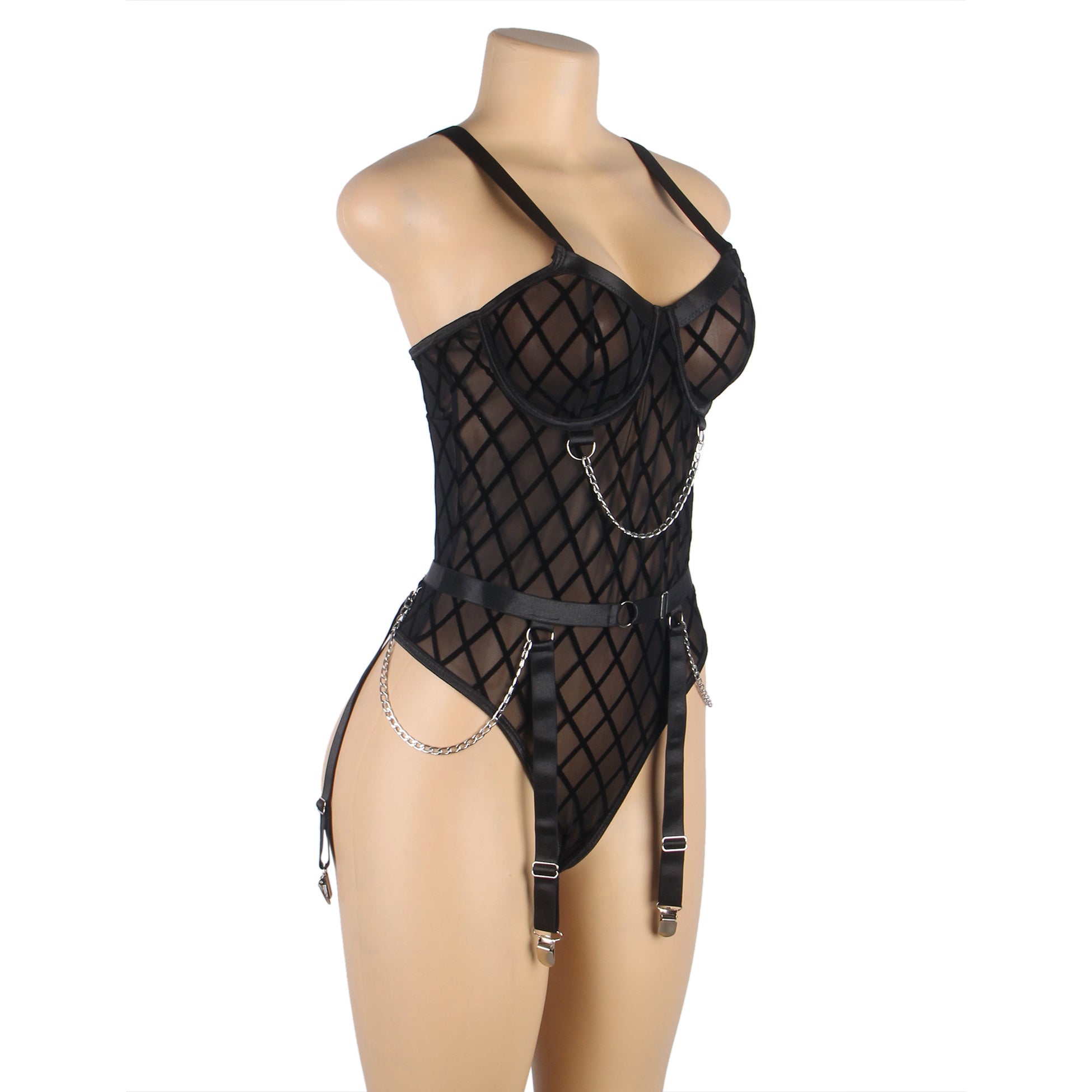 Bodysuit - 2 Pcs Mesh Chain Lingerie with Garter Belt