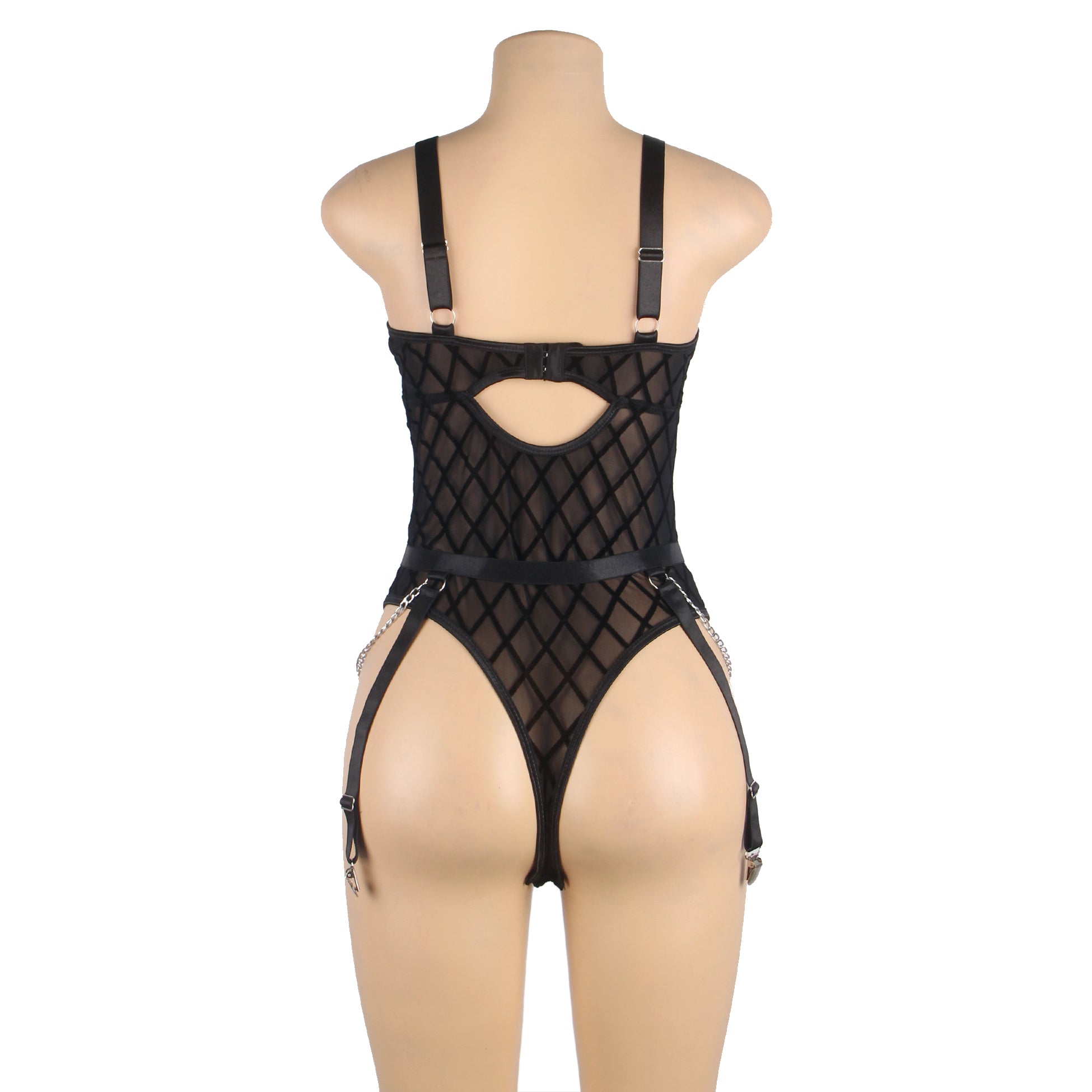 Bodysuit - 2 Pcs Mesh Chain Lingerie with Garter Belt