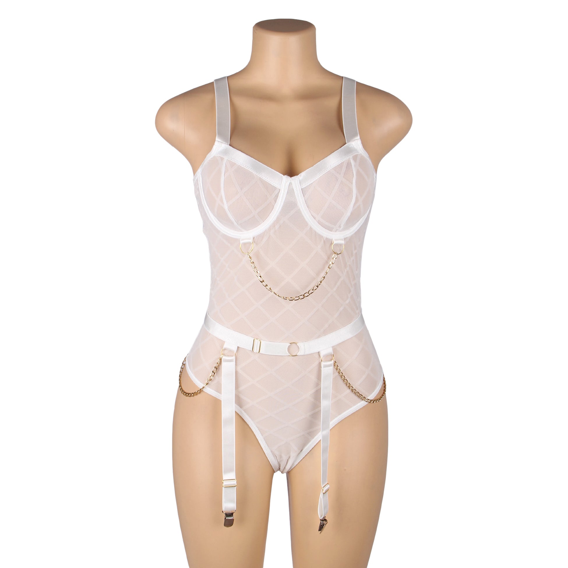 Bodysuit - 2 Pcs Mesh Chain Lingerie with Garter Belt