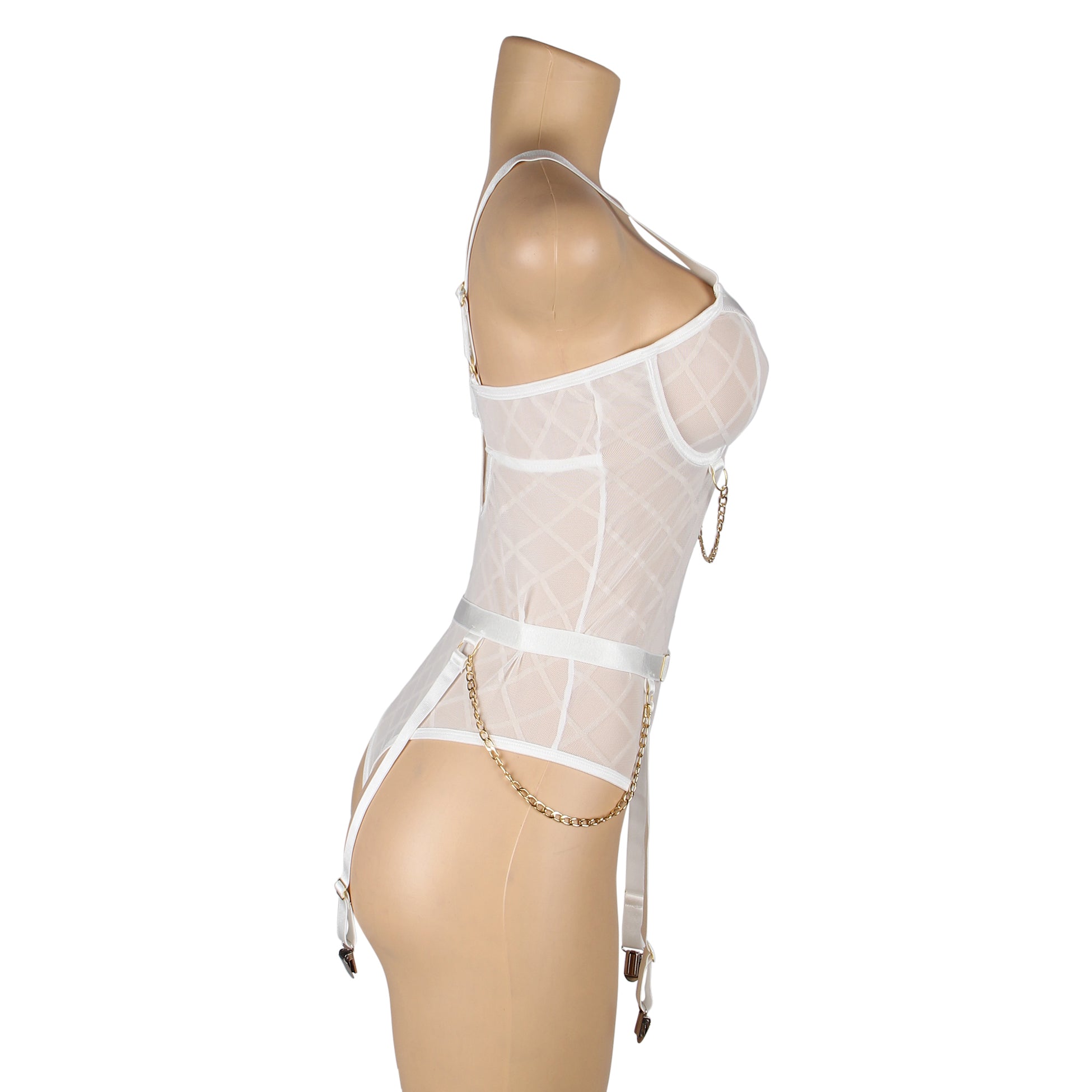 Bodysuit - 2 Pcs Mesh Chain Lingerie with Garter Belt