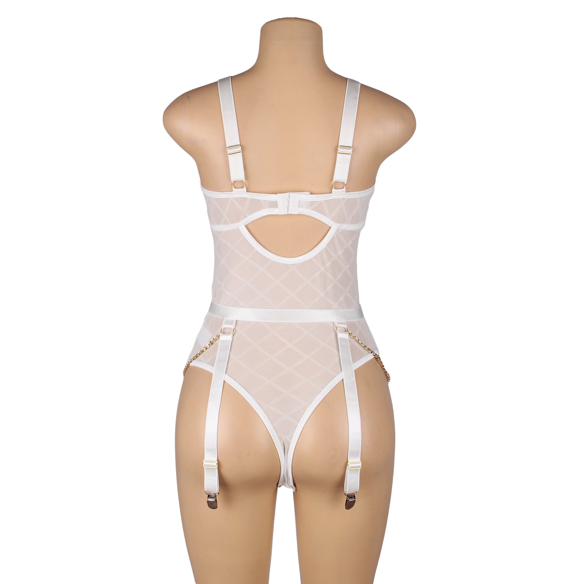 Bodysuit - 2 Pcs Mesh Chain Lingerie with Garter Belt