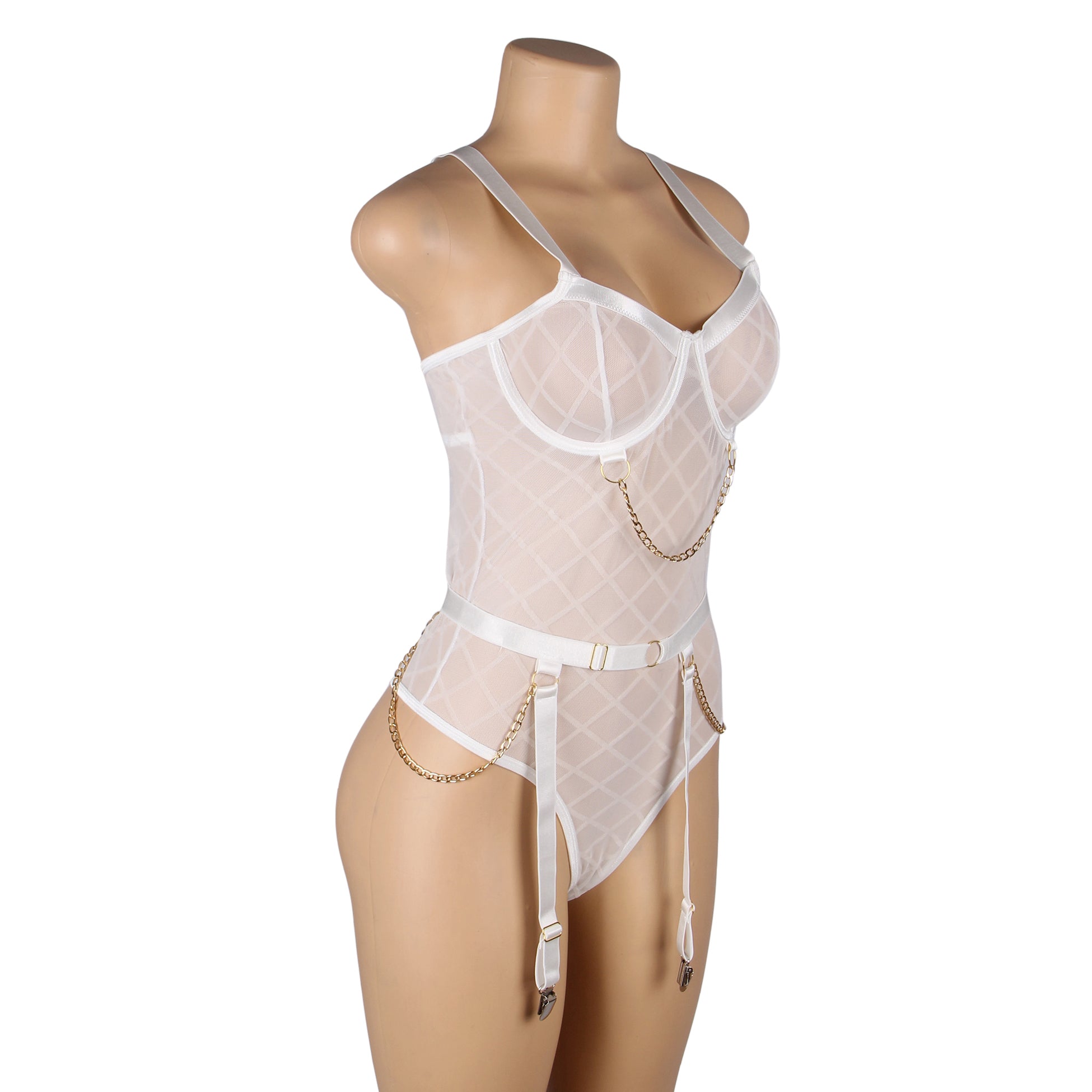 Bodysuit - 2 Pcs Mesh Chain Lingerie with Garter Belt