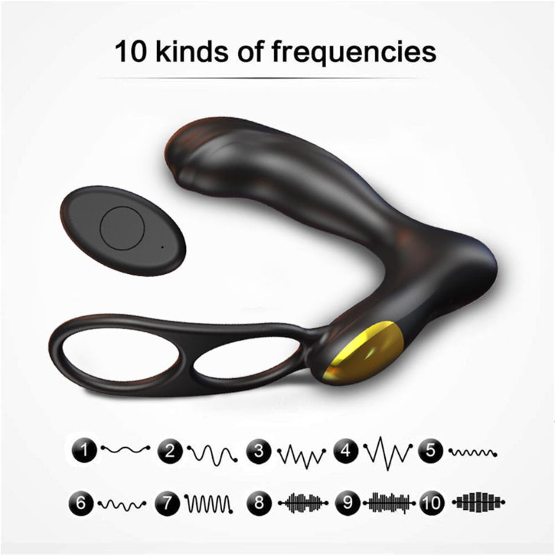 Diagram of prostate massager showing 10 vibration frequency modes with labeled icons.