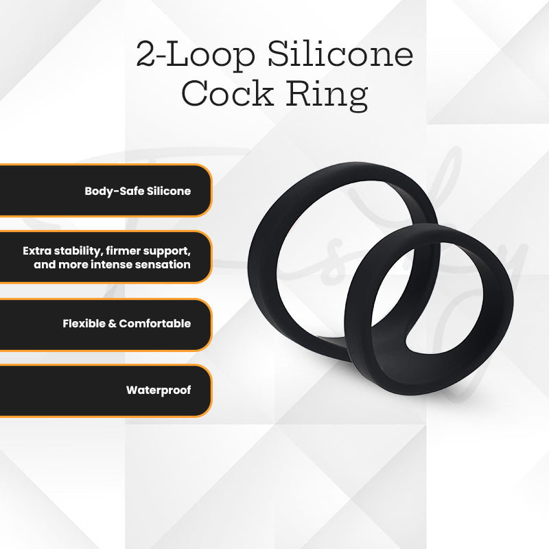 Graphic layout of the LEVELZ 2-Loop Silicone Cock Ring showing the double-loop design and product feature highlights