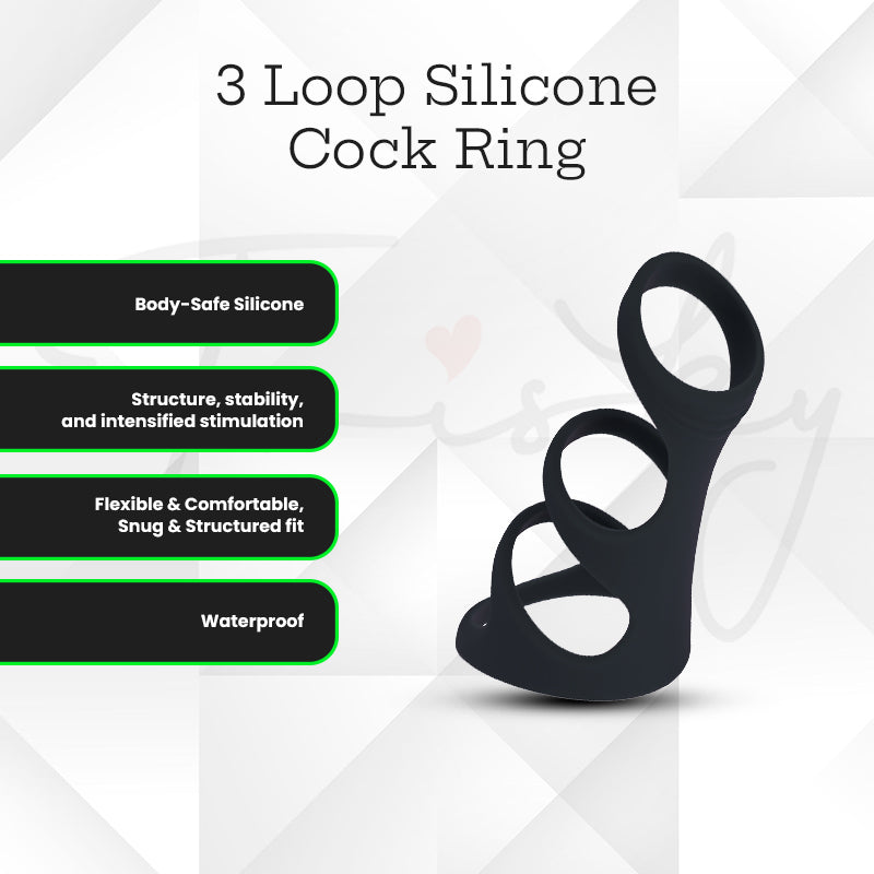 Graphic layout of the LEVELZ 3-Loop Silicone Cock Ring showing product features and triple-loop design.