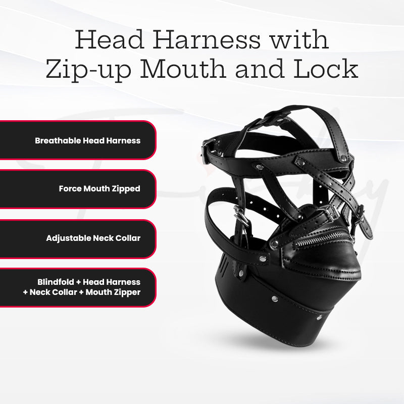 SHOTS Ouch! Head Harness with Zip-up Mouth and Lock - Black