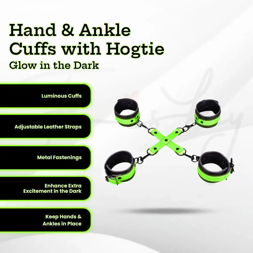 SHOTS Ouch! Hand and Ankle Cuffs with Hogtie Glow in the Dark durable PU leather cuffs with soft lining for comfort Singapore