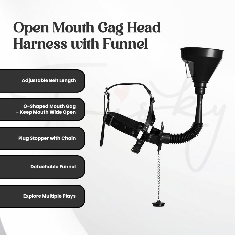 SHOTS - Open Mouth Gag Head Harness with Funnel - Black