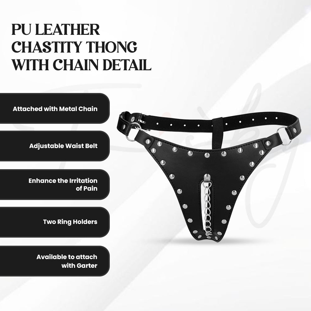 SHOTS - PU Leather Chastity Thong with Chain Detail