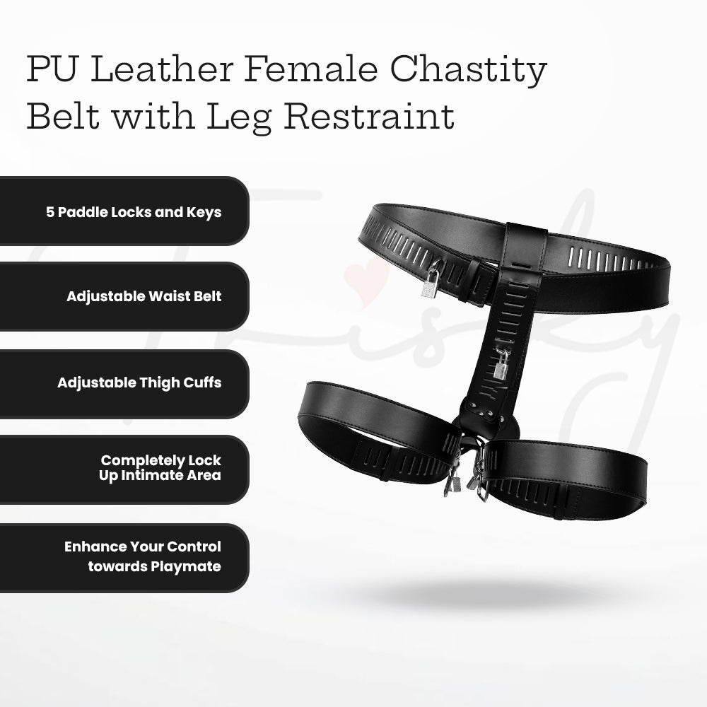 SHOTS - PU Leather Female Chastity Belt with Leg Restraint