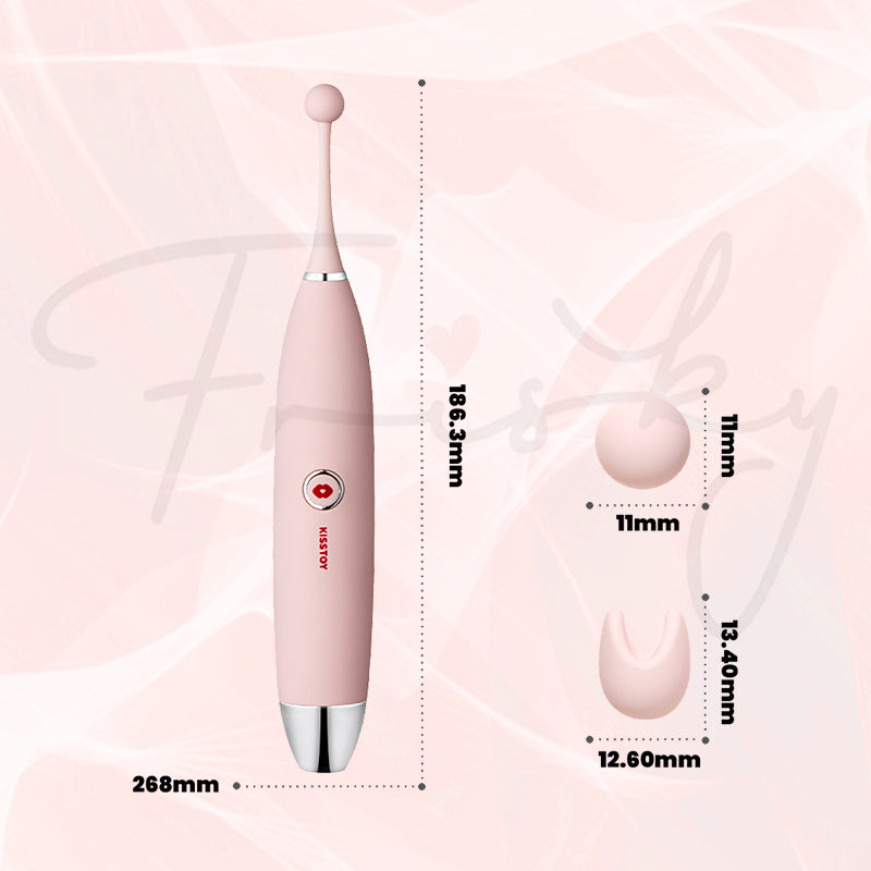 Diagram of the Kisstoy C-King wand, displaying its full dimensions and interchangeable head sleeves.