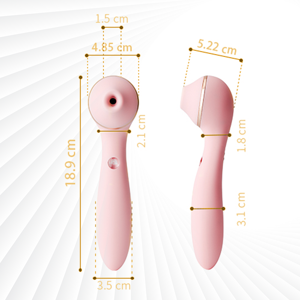Pink handheld device with measurements on a white background