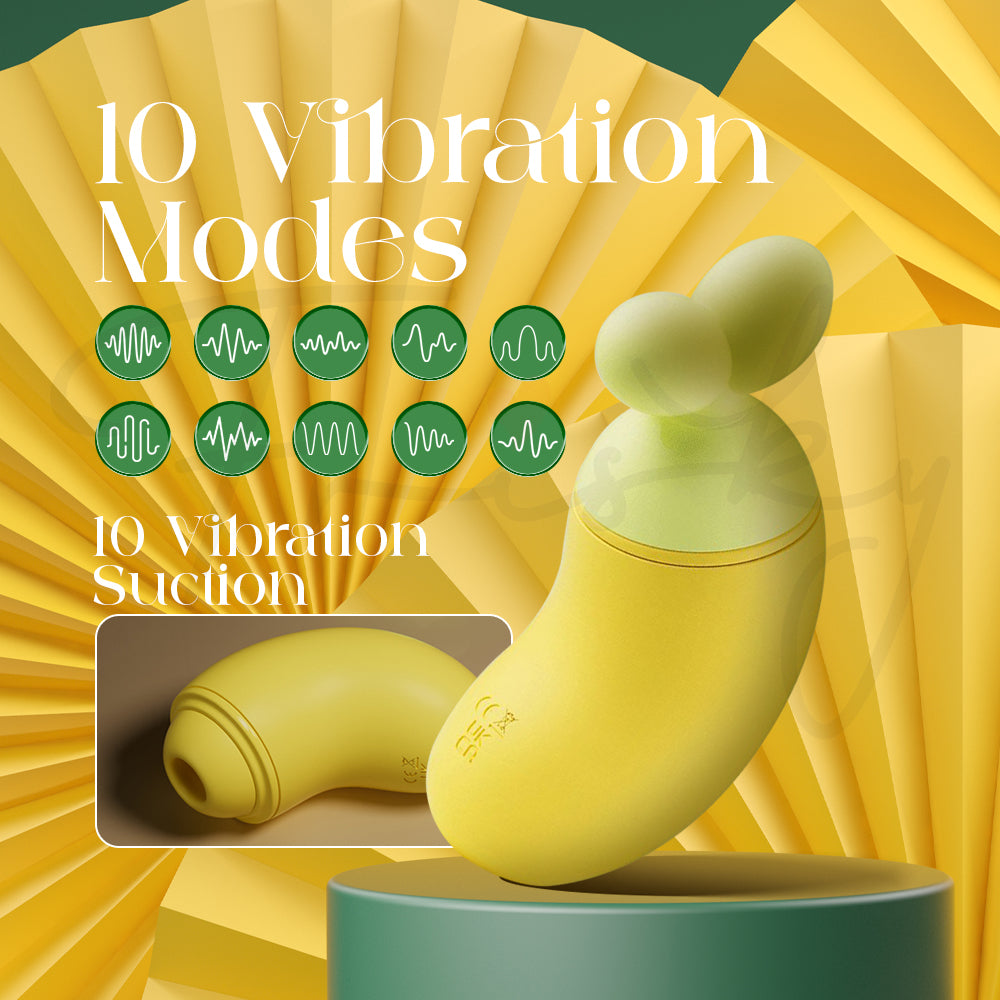 BanaRush vibrator beside a chart showcasing ten vibration and suction modes with a bold yellow background.