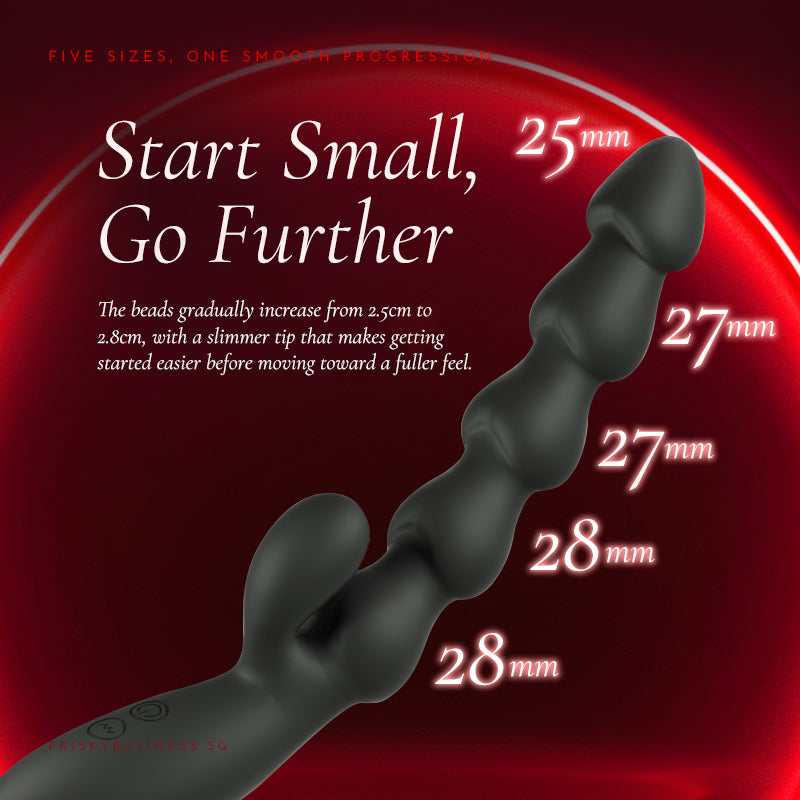 Wand shown beside a bead-size progression indicator on a dark red background
