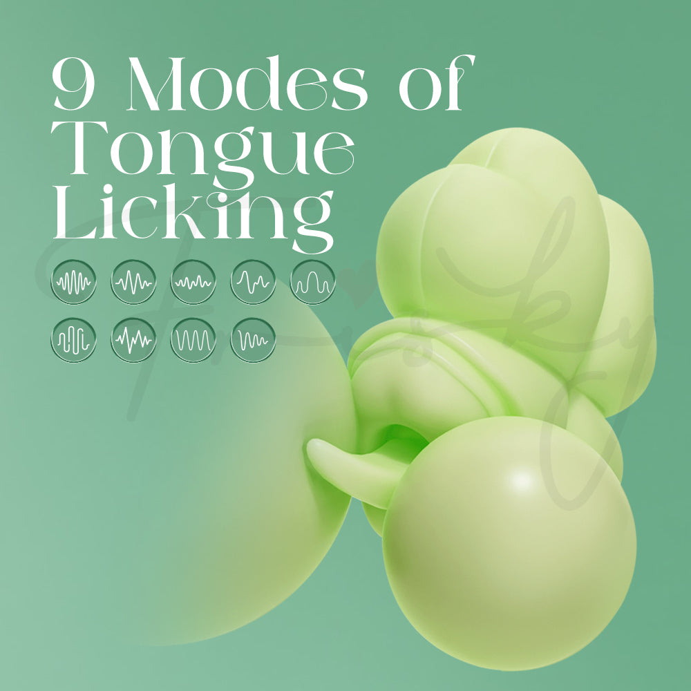 Green stimulator showing nine tongue-licking vibration modes with feature text overlay.