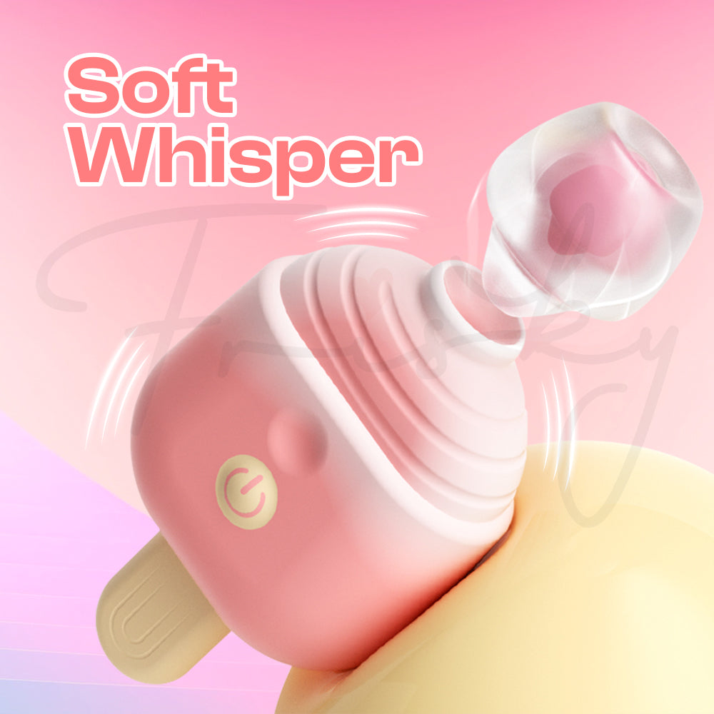 Close up of pink vibrator showing soft whisper quiet suction technology feature