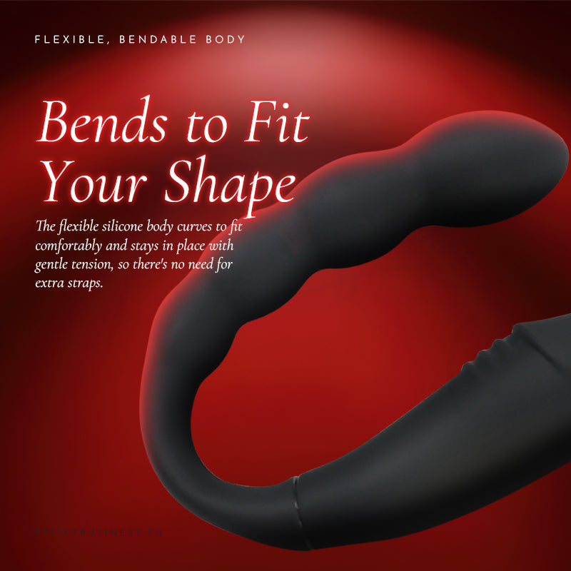Bends to Fit Your Shape graphic with the curved black vibrator on a red background