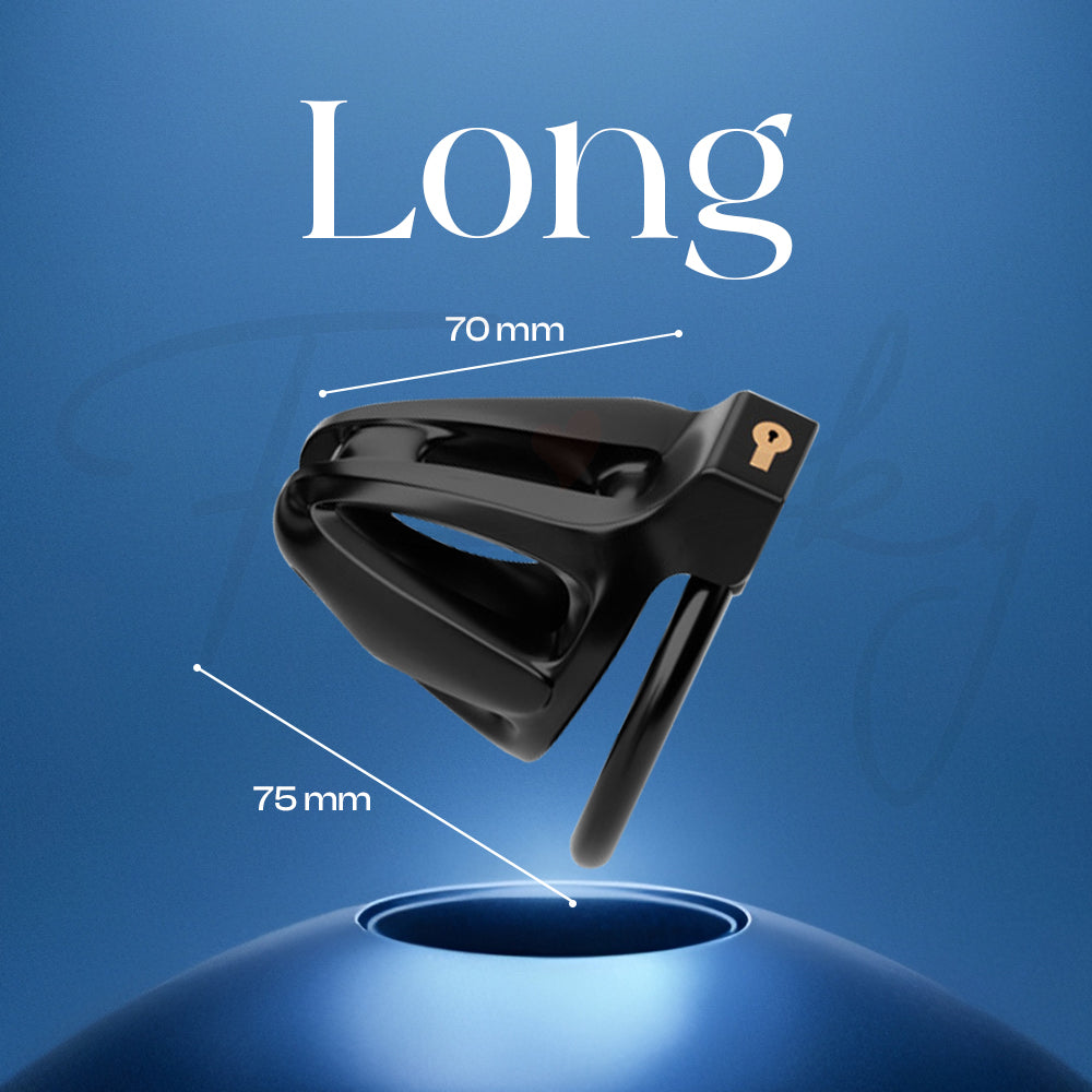 Long version of the Dragon Lock chastity cage with durable metal build and sleek style