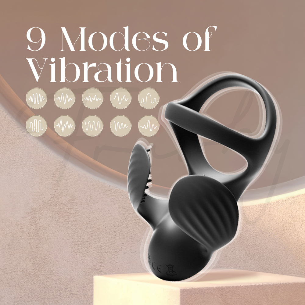 Draven vibrating cock ring showing flexible design and 9 vibration mode control options