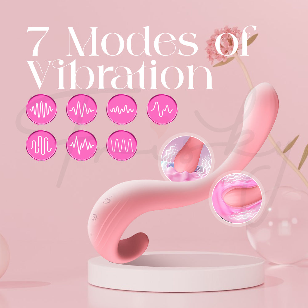 Curved vibrator highlighting seven vibration modes with icons illustrating different sensations