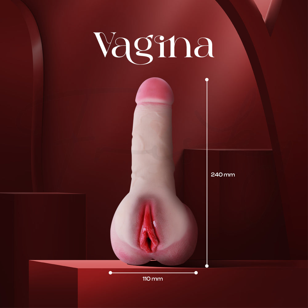 Model of a vagina with measurements on a red background