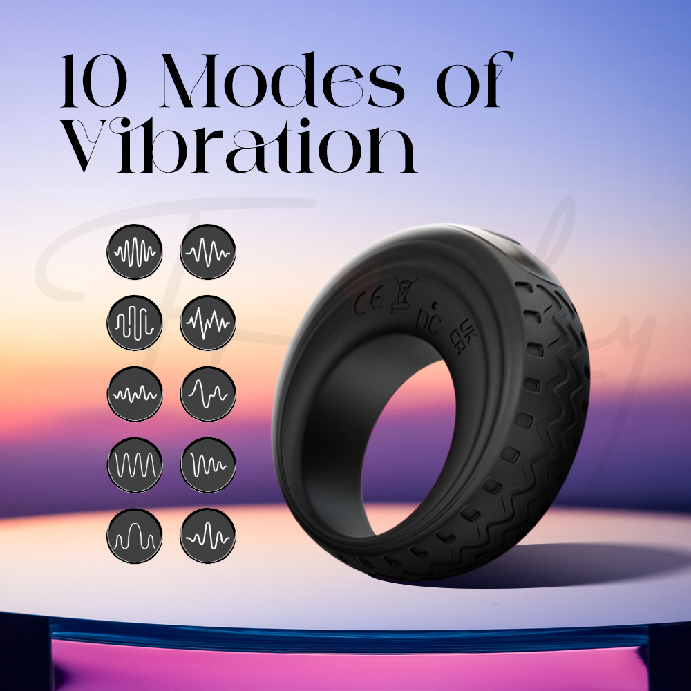 Black vibrating ring shown with icons illustrating ten different vibration modes