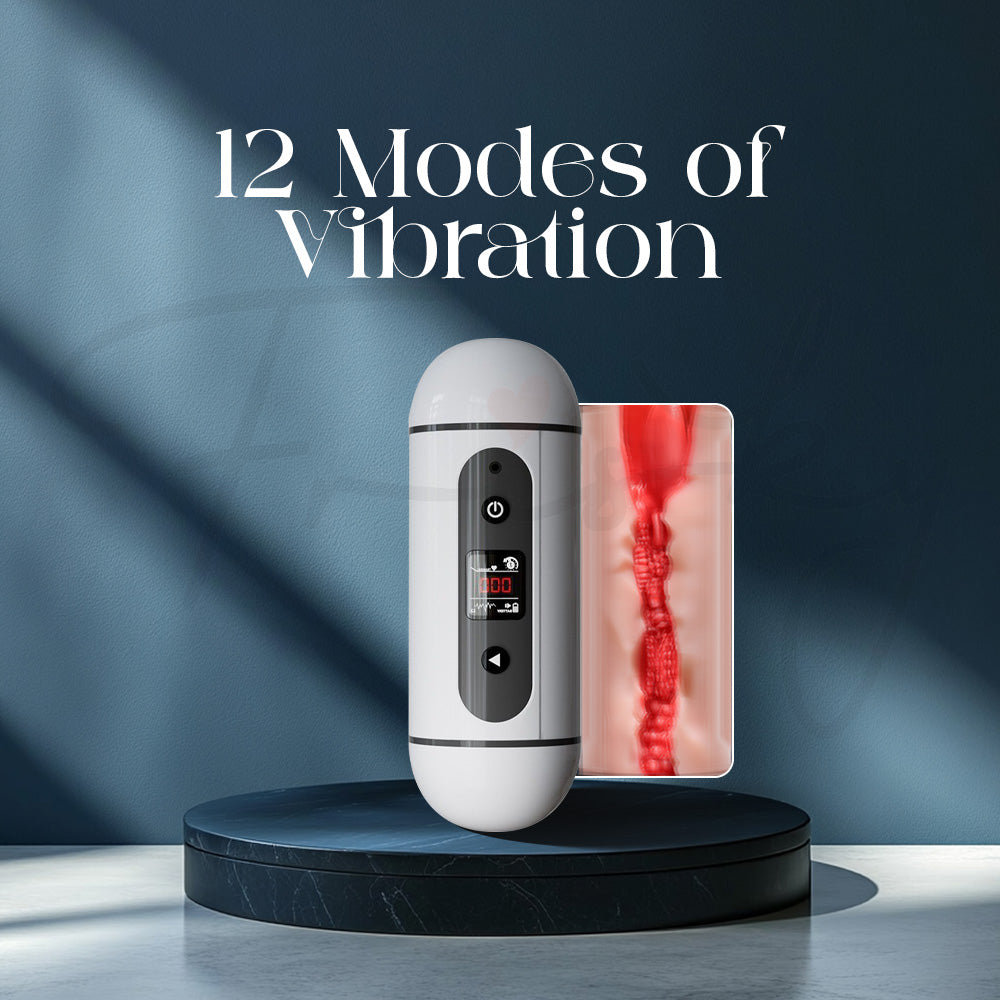 White electronic device with digital display on a dark blue platform, featuring '12 Modes of Vibration' text.
