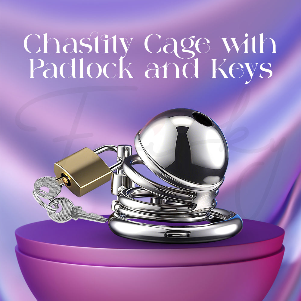 Close-up of Eternal Bond chastity cage featuring stainless steel padlock and matching keys.