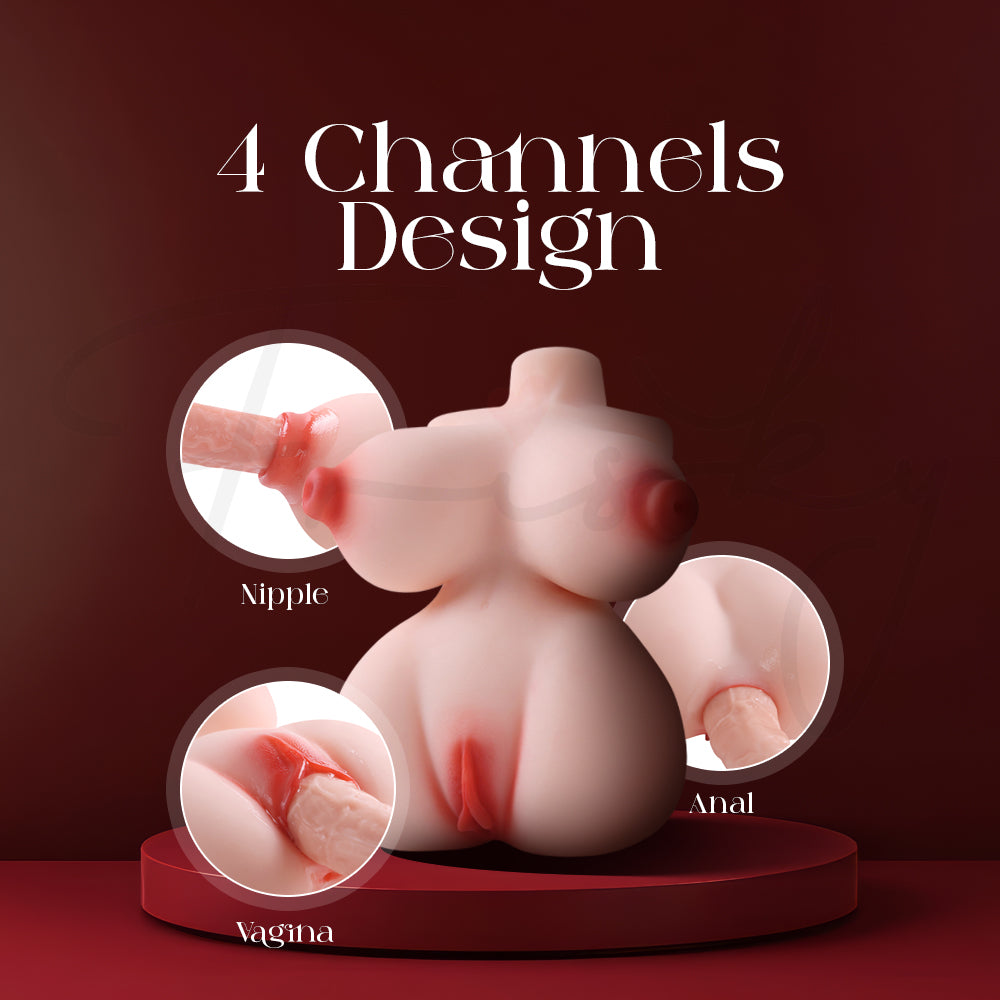 Male torso masturbator showing four channel design for varied stimulation options