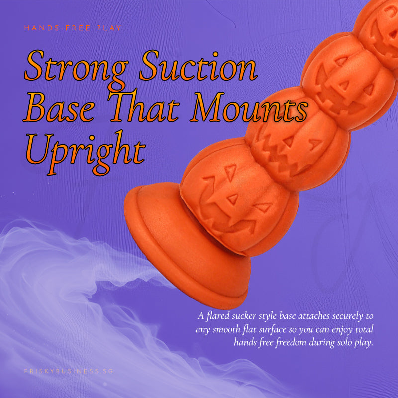 Strong suction base graphic with the pumpkin plug angled on its base over purple waves