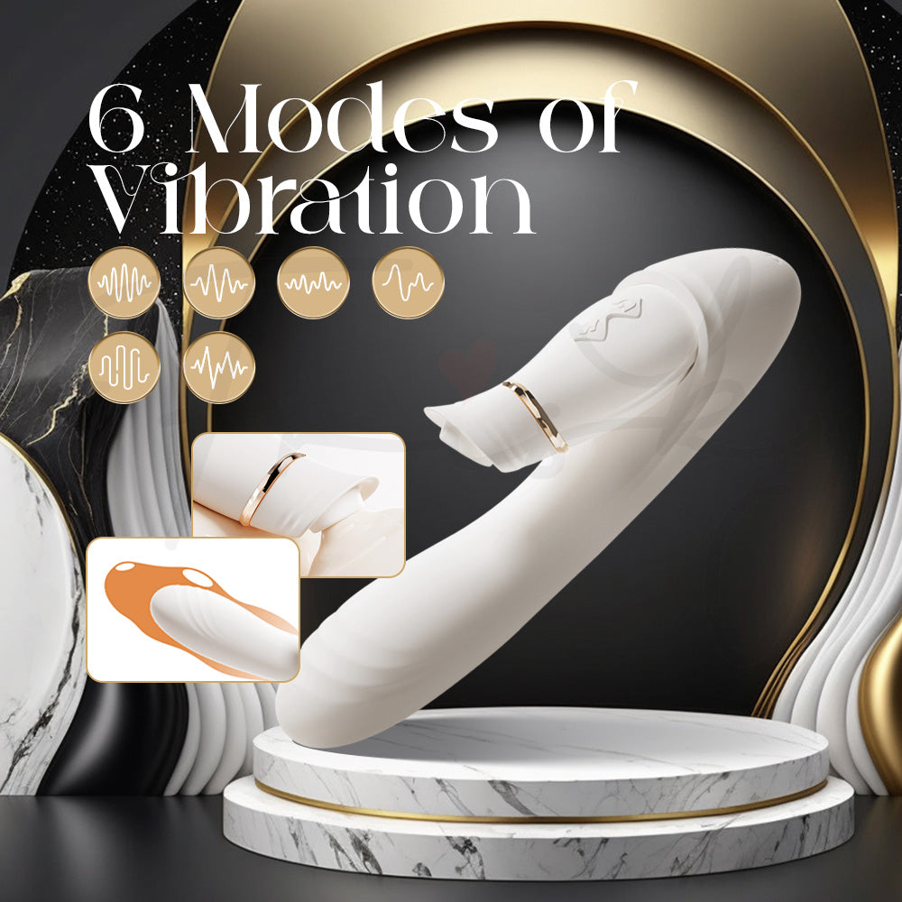 White personal massager highlighting six vibration modes with gold icons.