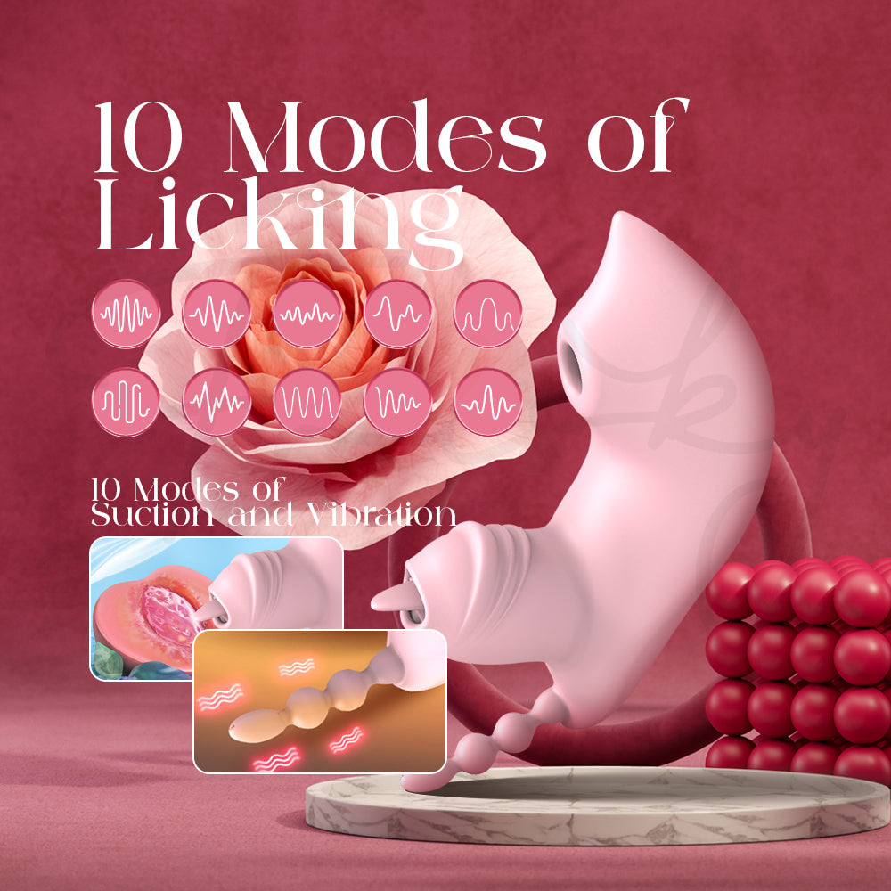 Pink vibrator shown with flowers and text highlighting ten licking stimulation modes