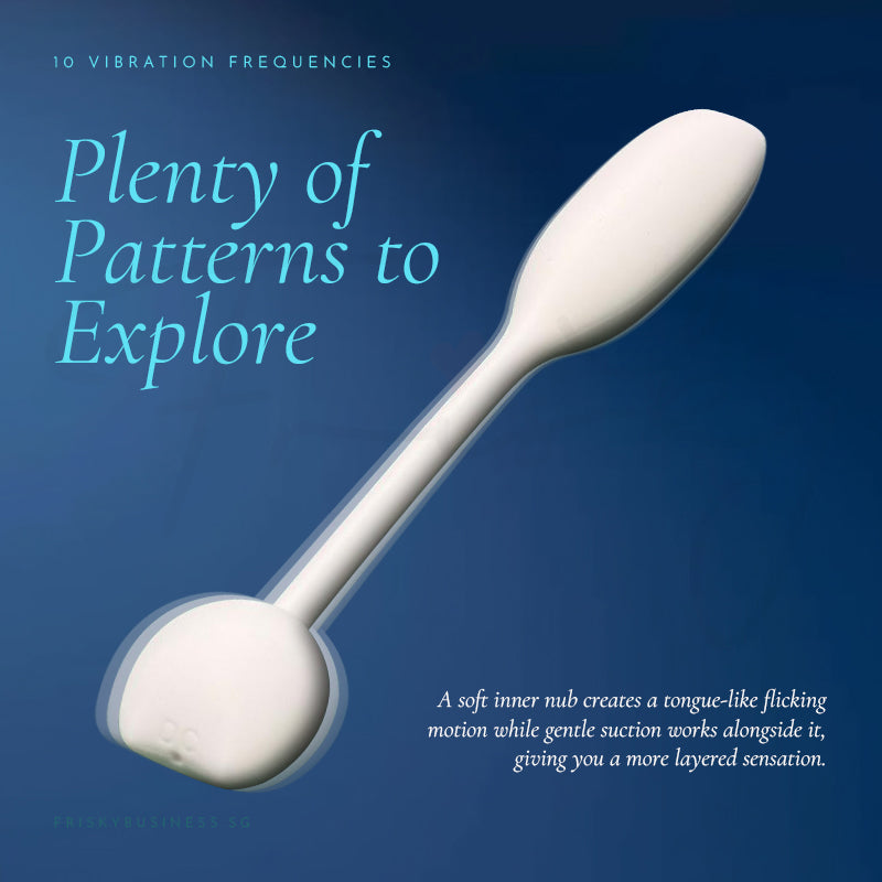 Plenty of Patterns to Explore graphic with a close-up of the ivory vibrator on blue