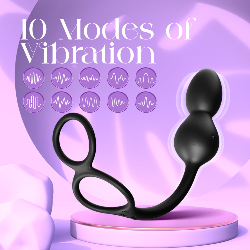 Anal beads illustrated with ten vibration modes graphic on purple background for feature emphasis